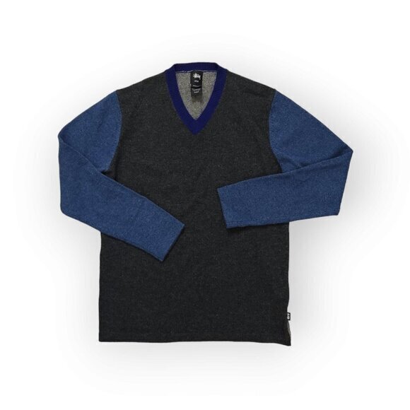 Stussy 100% Lambswool V Neck Long Sleeve‎ Sweater Colorblock Mens Medium - Picture 1 of 9